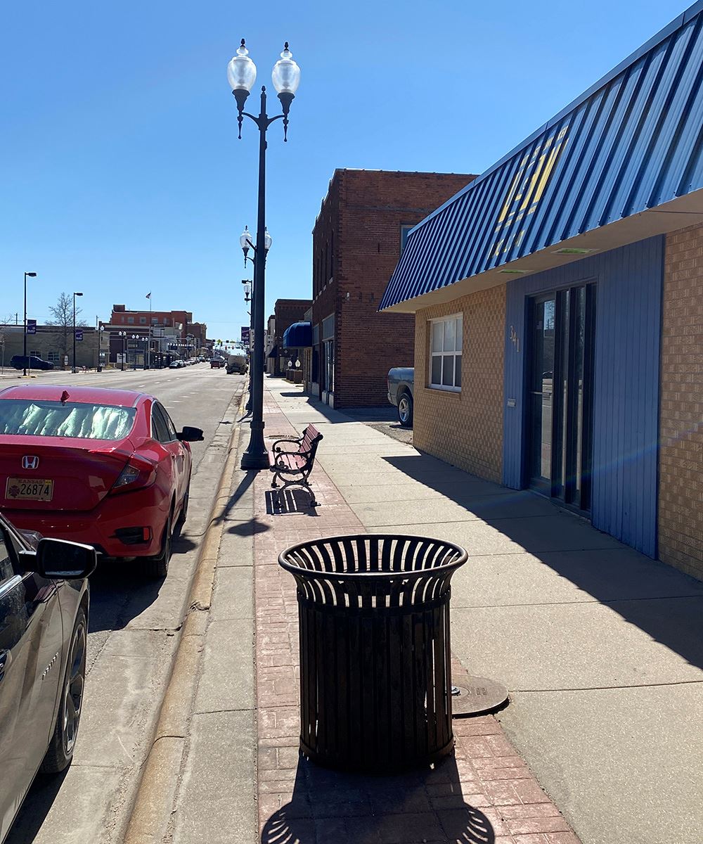 Trash can and light pole
